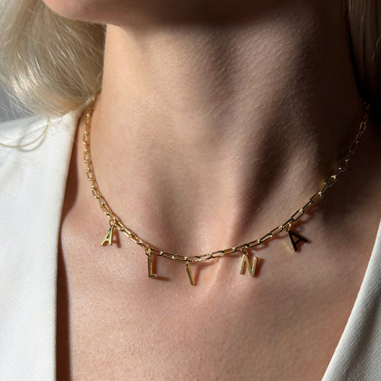 Gold necklace with letter pendants on a person wearing a white blazer.